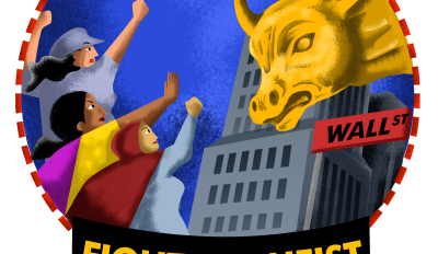 Fight the Heist Campaign logo depicting women garment workers with raised fists confronting an agressive Wall Street Bull